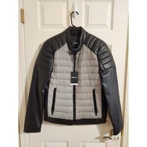 DKNY Biker Motorcycle Black & Light Gray Full Zip Jacket Mens Sz S NWT MSRP $199